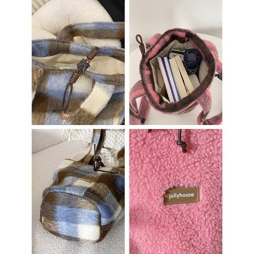 New autumn and winter Maillard bag for women, versatile woolen plaid shoulder bag, fashionable bucket bag