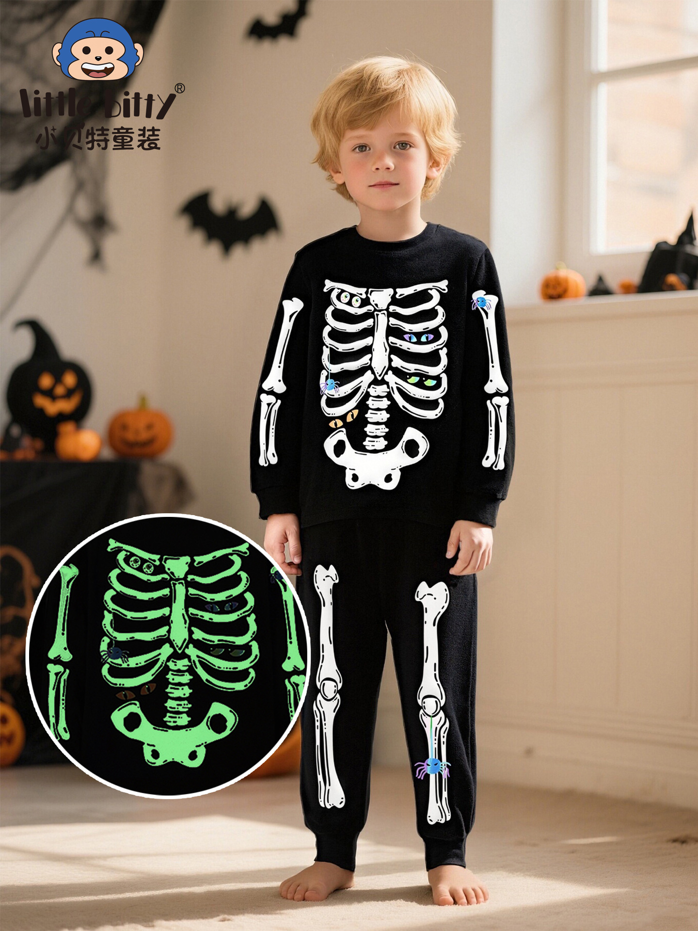 Cross-Border 2025 Autumn and Winter Children's Clothing Halloween Children's Suit Long-Sleeved Pants Home Clothes Luminous Printed Pajamas Clothing