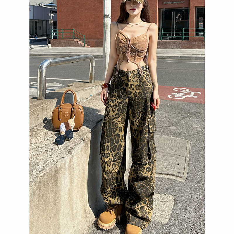 豹纹高街工装阔腿牛仔裤女2025秋季新款多口袋高腰阔腿拖地长裤|undefined