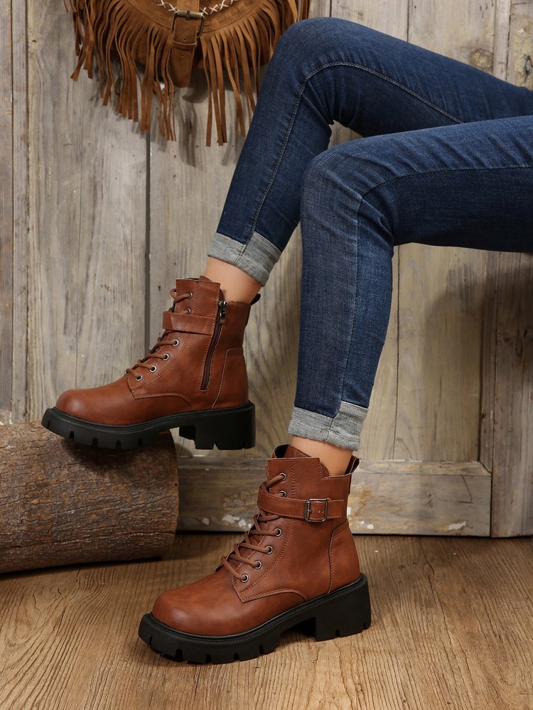 New autumn winter British style motorcycle boots thick soled belt buckle vintage ankle boots plus size_voghion.com