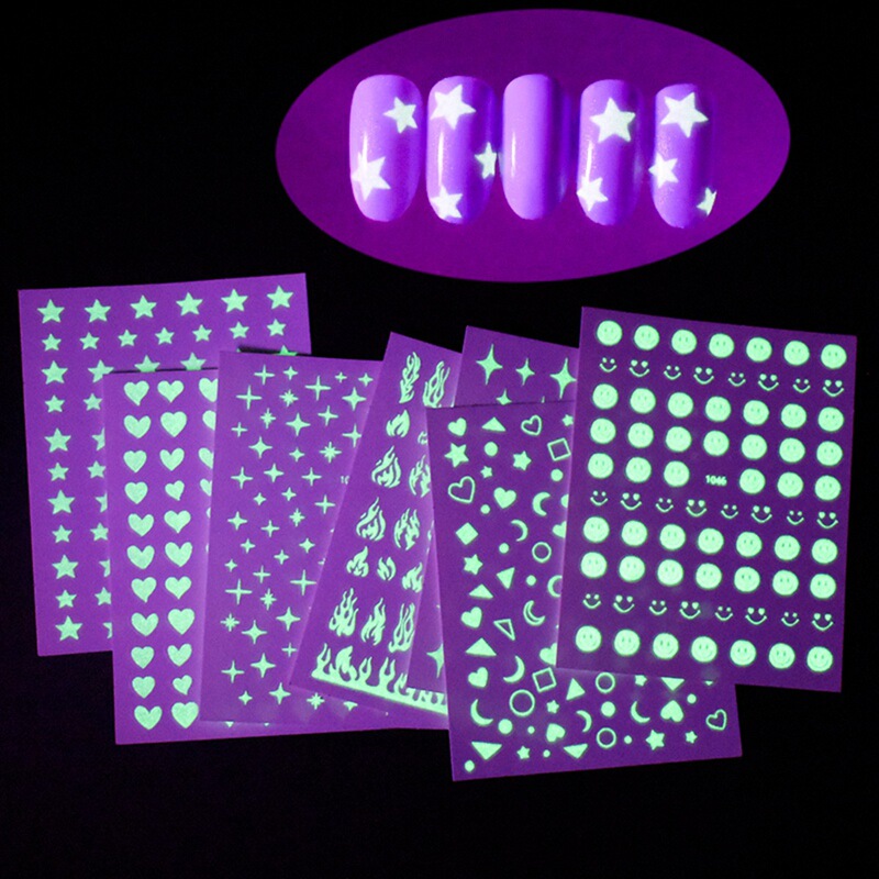 Luminous Nail Art Stickers Star Love Smiley Face Flame Personalized Nail Decoration Decals DIY