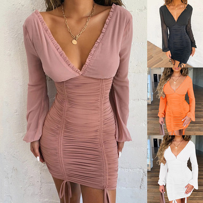2020歐美秋冬新款包臀裙女 木耳邊深V長袖女王風性感夜店連衣裙