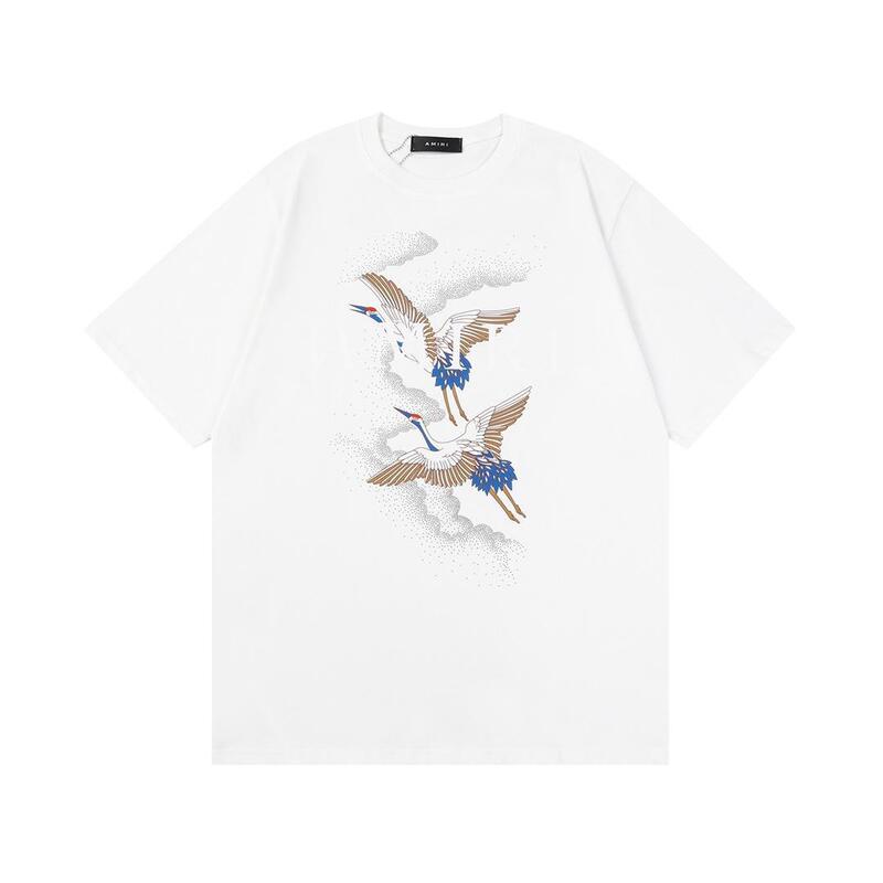 Amiri's New Spring and Summer Cotton Crane Print Loose Pullover Couple's Short-Sleeve T-Shirt