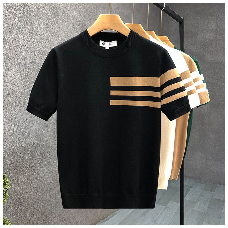 2025 New Summer Trendy Versatile Round Neck Knitted Short-Sleeved Contrasting Thin T-Shirt Men's Inner Layering Shirt Trendy