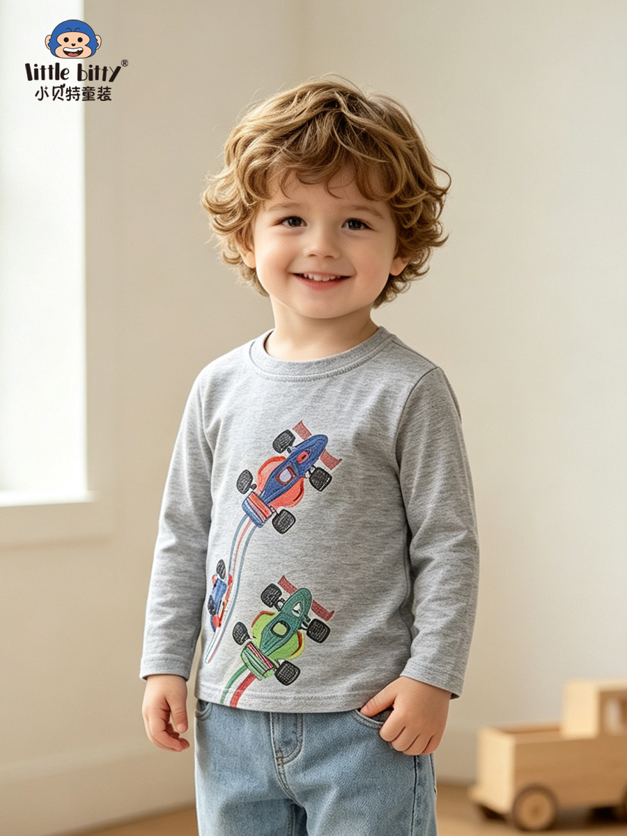 Cross-border supply 2026 boys' long-sleeve T-shirt, casual fashion karting round-neck embroidered autumn and winter children's T-shirt
