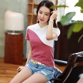 清仓2025春夏装连帽拼接撞色韩版纯棉百搭修身短袖T恤女上衣7312
