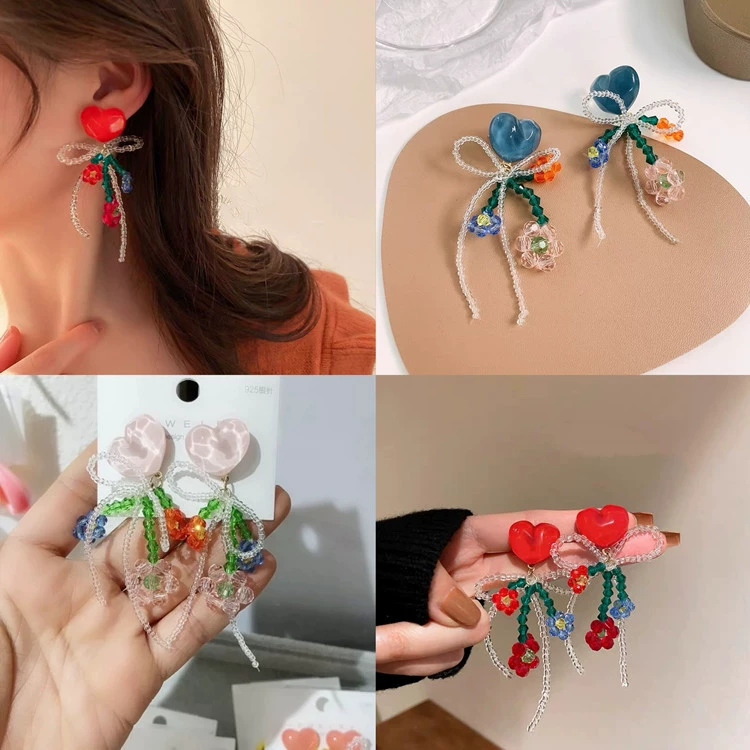 Серьги-подвески с сердечком цветком и бантом