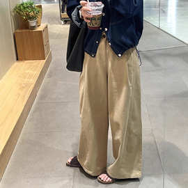 美式复古卡其色弯刀裤女春秋2025新款宽松显瘦阔腿裤拖地裤子跨境