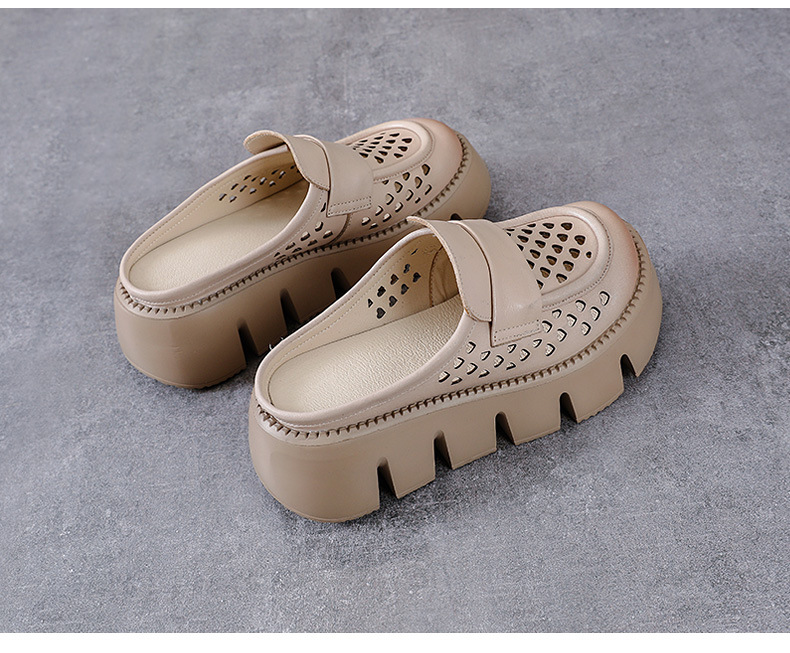 Sandal nữ đế dày da bò thật, mũi bít lỗ, gót thấp đi hè — Màu nâu chi tiết 15