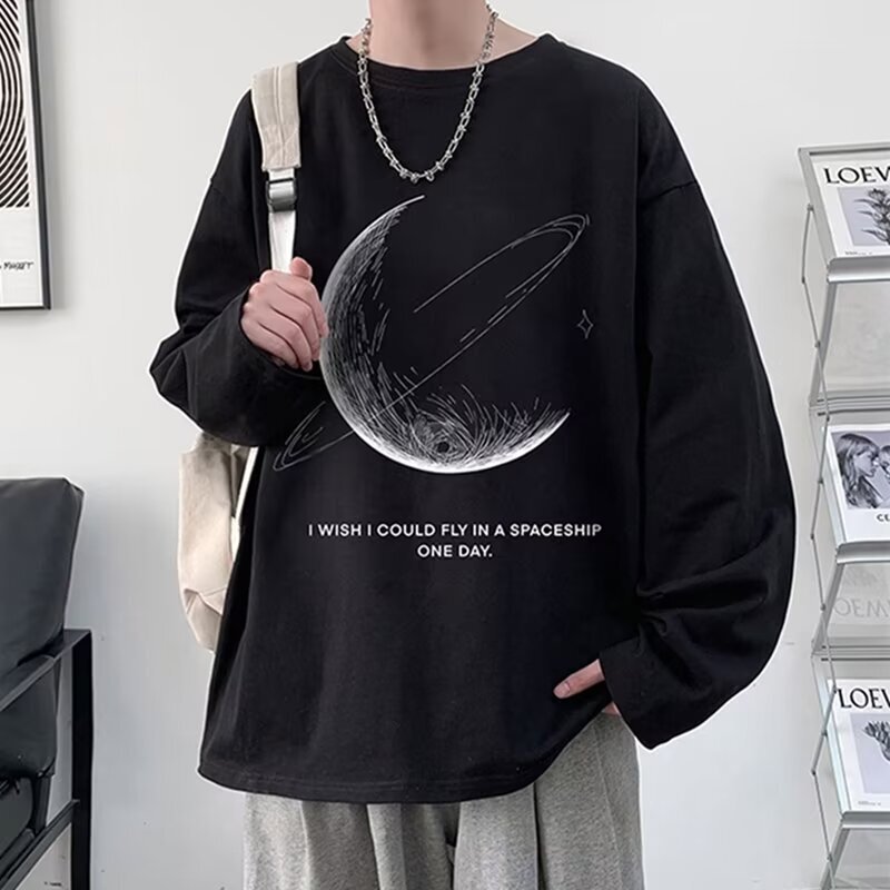 Printed All-match Long-sleeved T-shirt Men's 2024 Spring and Autumn Trendy Brand Men's T-shirt Loose Casual Base Shirt for Teenagers T-shirt Top