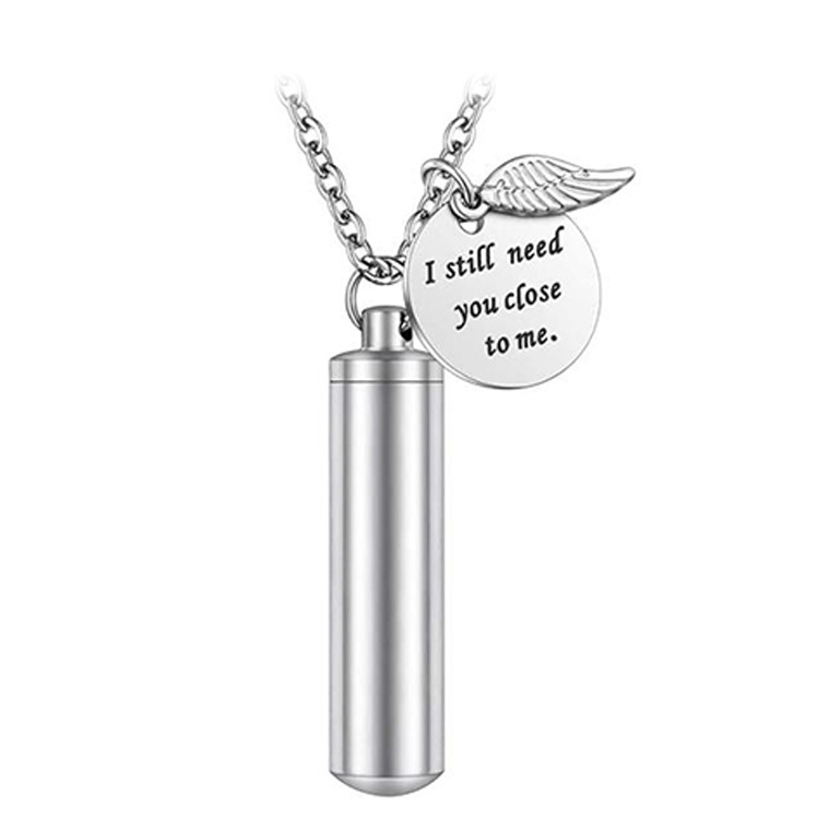 Amazon caliente venta conmemorativa de mascotas cenizas collar hombres y mujeres cilíndricas colgante alas de acero titanio plata colgante
