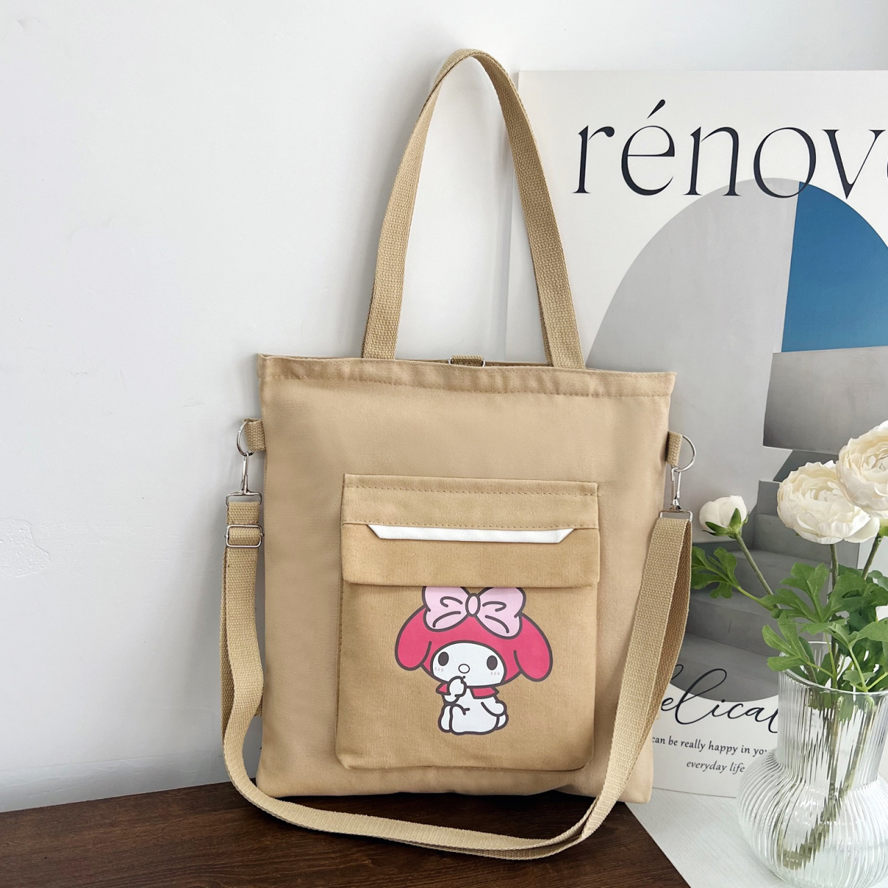 Cartoon canvas bag women's shoulder messenger bag women's Korean-style printed three-purpose large capacity college style student tutorial bag