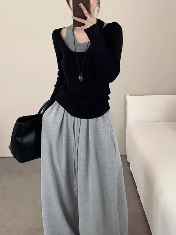 设计感撞色假两件挂脖长袖针织衫女2025秋冬新款显瘦百搭打底毛衣|undefined