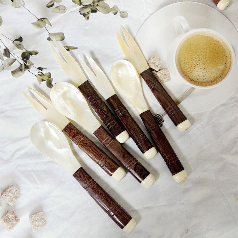 Natural Shell Wooden Handle Fork and Spoon Set Ins Style Popular Dessert Tableware Household Fruit Fork Caviar Shell Spoon