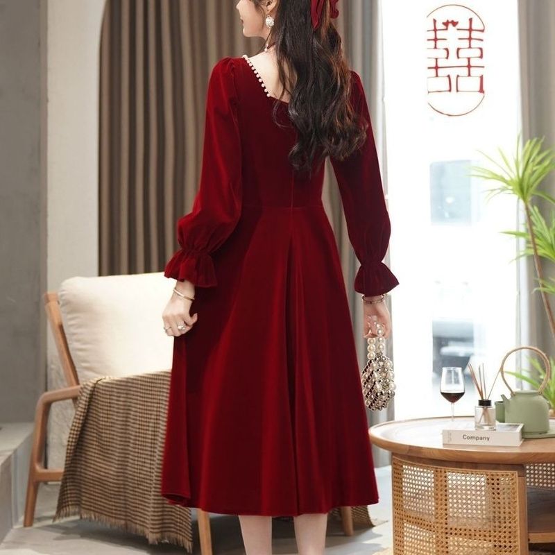 红色晚礼服女结婚敬酒服新娘回门订婚感连衣裙新款春秋2025年休闲|undefined