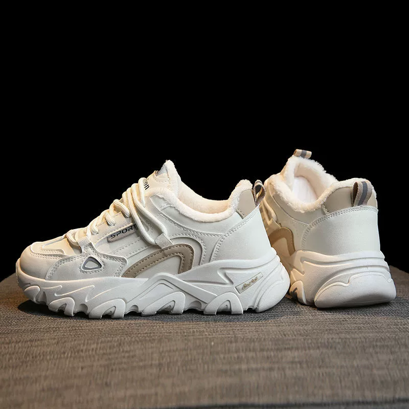 Женская обувь, 2023 Новые осенне-зимние утолщенные туфли на флисовой подкладке, Спортивная повседневная обувь для бега на толстой подошве женская