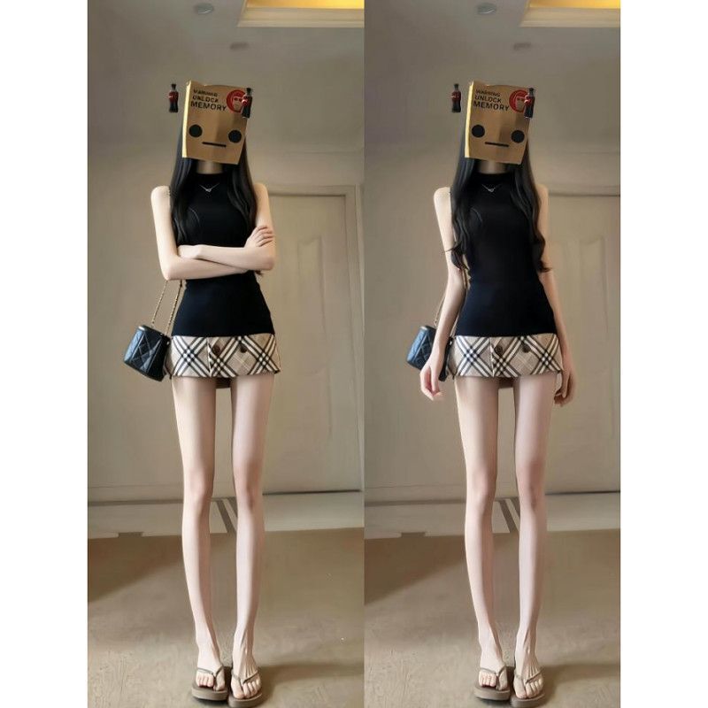 Hot Girl Outfit Sleeveless Slim-Fit Vest 2026 Summer New High-Waisted Design Plaid Hip-Hugging Skirt Set