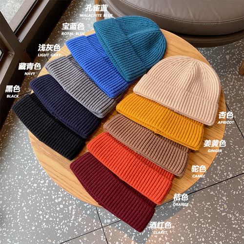 Solid color knitted melon skin hat fine needle high quality core-spun yarn yuppie hat men and women Japanese street style woolen hat landowner hat