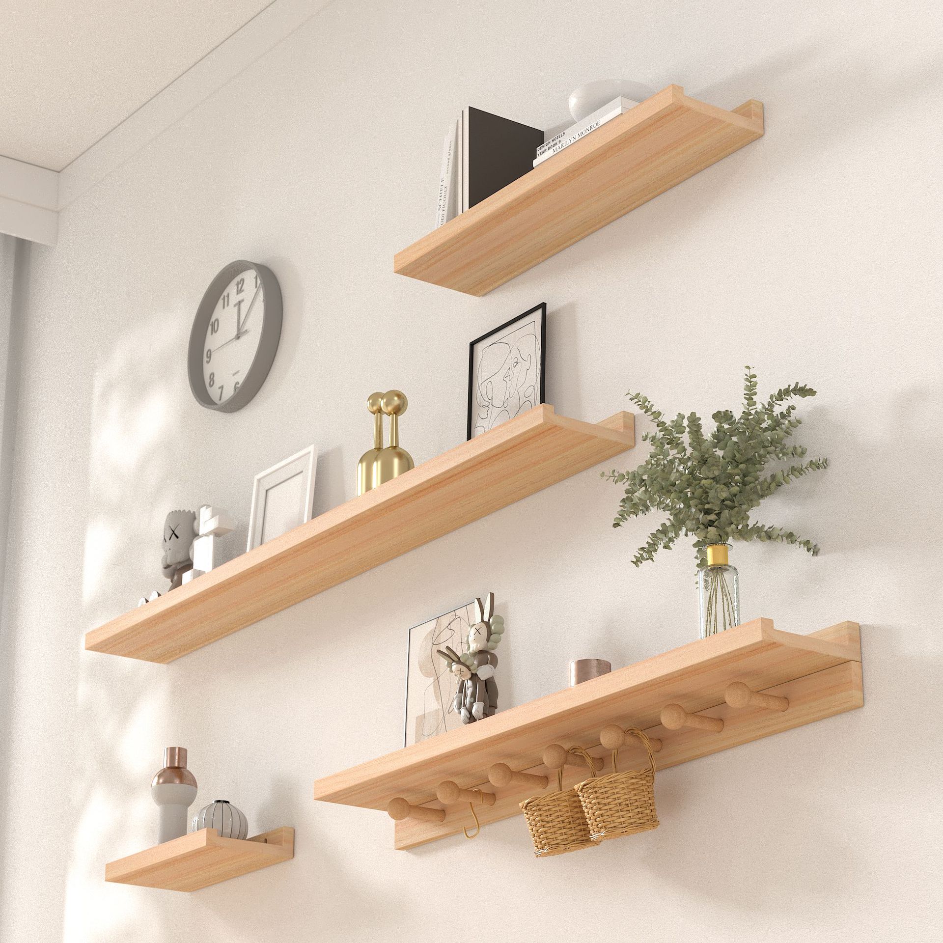 Estante de pared simple nórdico con gancho de fila de hongos madera maciza tablero de una palabra estante de palo perforable