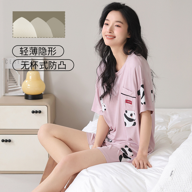 Women's Summer Modal Cool Short-Sleeved Shorts with Breast Pads and Bra-Free Pajamas, Comfortable and Casual Home Wear Set