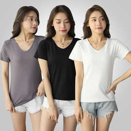 冰丝短袖女莫代尔t恤2025年夏季新款V领上衣白色宽松体恤打底衫薄