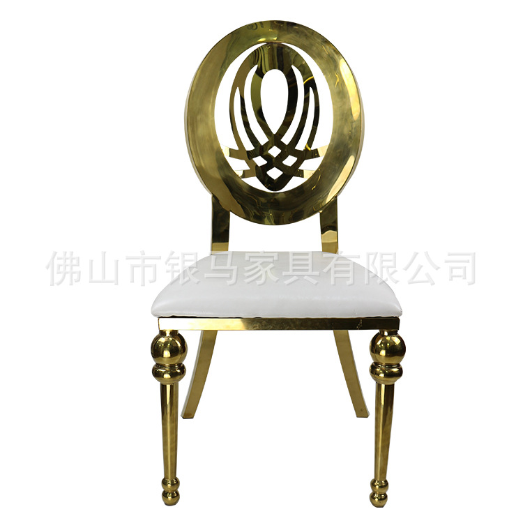 Fábrica al por mayor Hotel banquete boda comedor silla boda galvanoplastia Silla de acero inoxidable Bolsa De Oro suave Silla de comedor de cuero