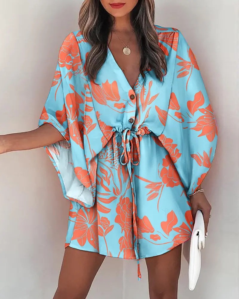 Transfronterizo europeo y americano de verano manga de vuelo Amazon deseo popular con cuello en V con cordones de ocio vestido de vacaciones ropa de mujer