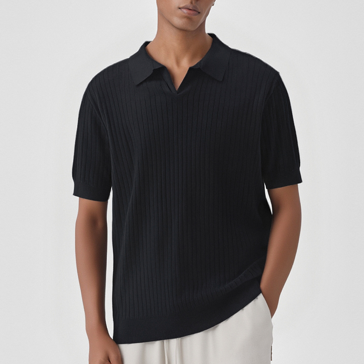 Camiseta Polo de Punto Jacquard con Cuello en V Estilo Americano para Hombre, Cuello Retro de Gaviota, Manga Corta, Modelo E75010