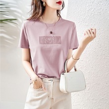 粉色短袖T恤女夏新款圆领正肩显瘦韩版休闲上衣半袖棉体恤打底衫