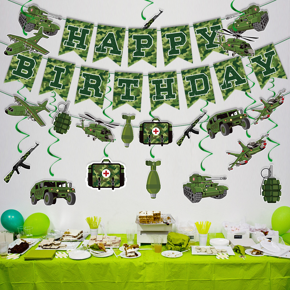Nuevo tema militar cumpleaños decoración cumpleaños tire bandera camuflaje tire bandera espiral colgante pastel Tarjeta de inserción