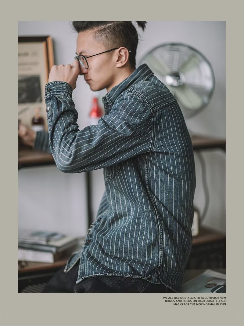 Herren Denim Hemd Japanischer Retro Style Langarm Gestreift_voghion.com