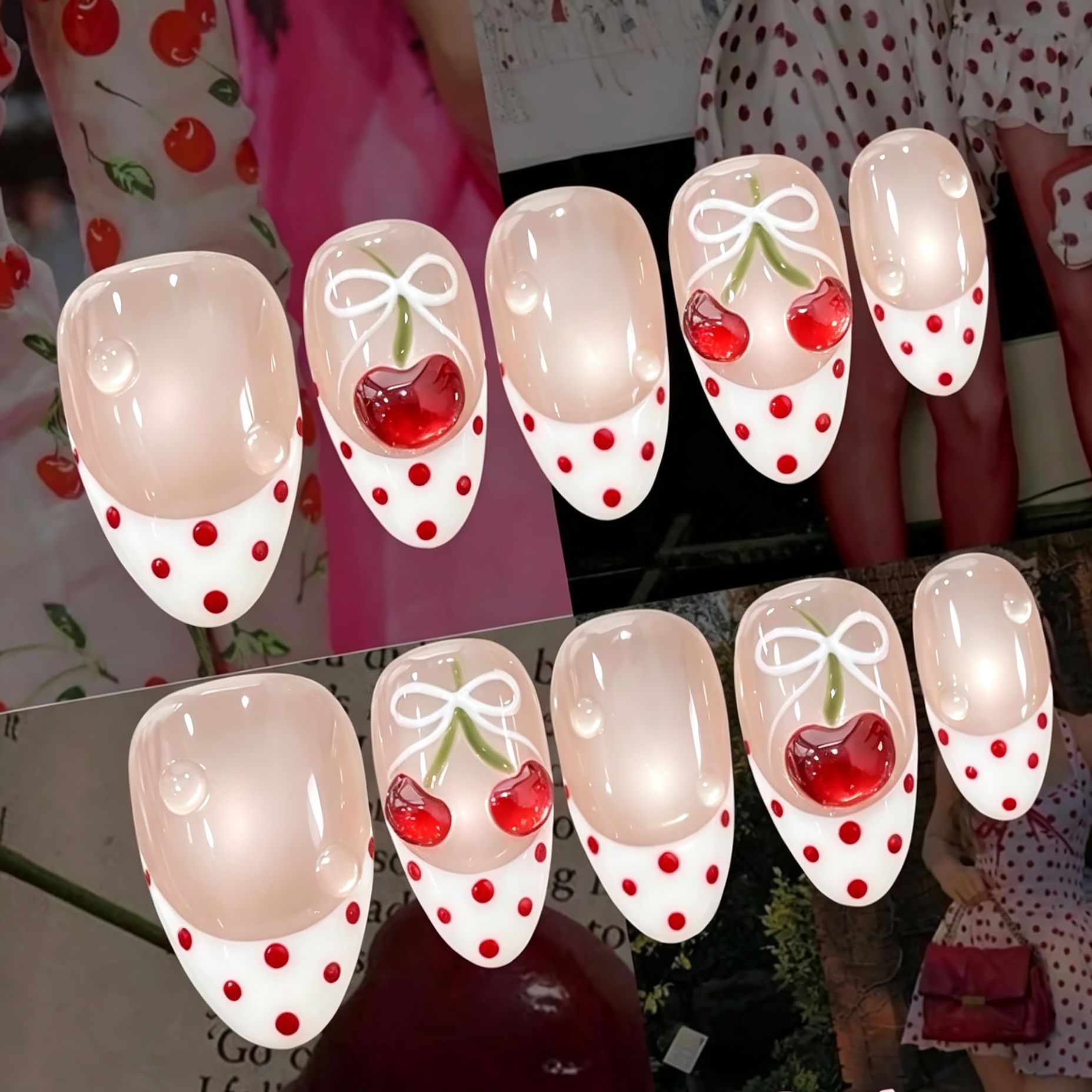 French-style polka dot press-on nails, summer dopamine refreshing 3D cherry European and American cross-border nail patches, factory wholesale