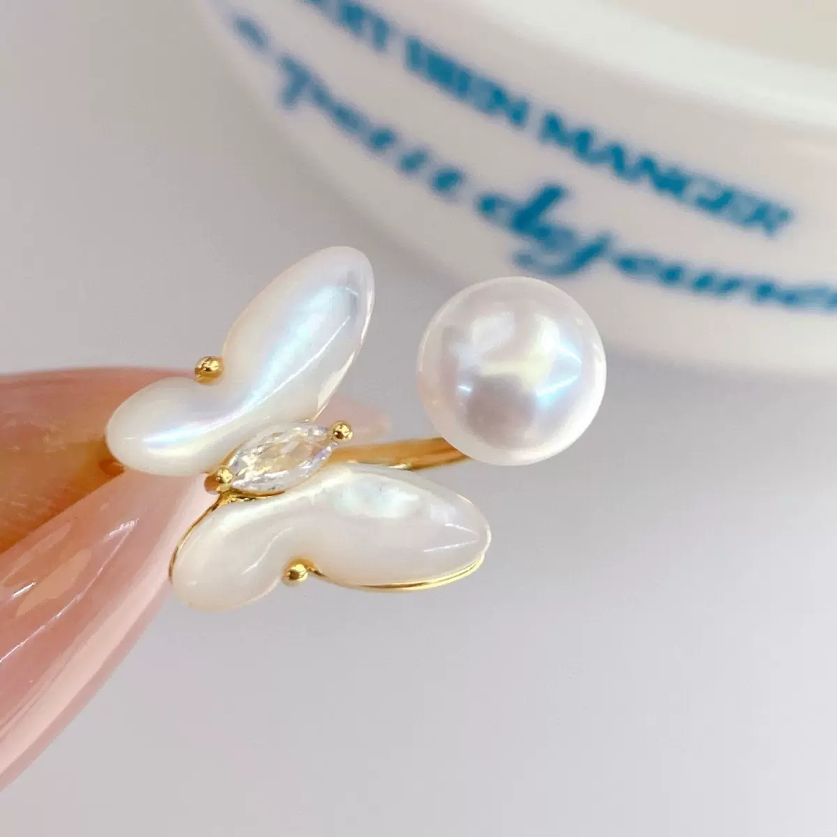 天然淡水珍珠戒指时尚气质百搭蝴蝶贝母食指戒小众轻奢高级感手饰