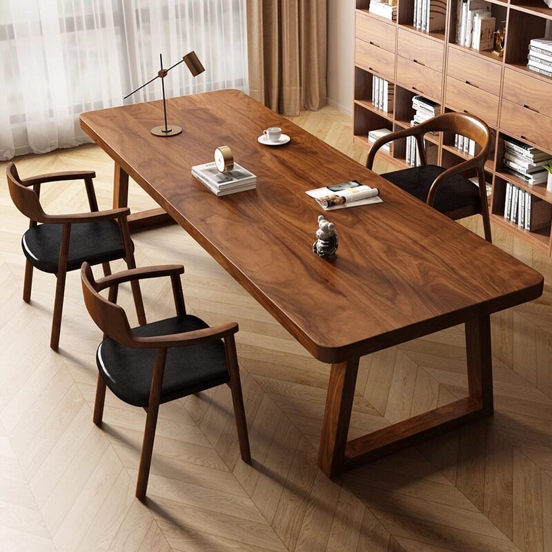South American Walnut High-End Solid Wood Large Desk and Chair Set for Home Study, Work Desk, Office, and Living Room Long Table