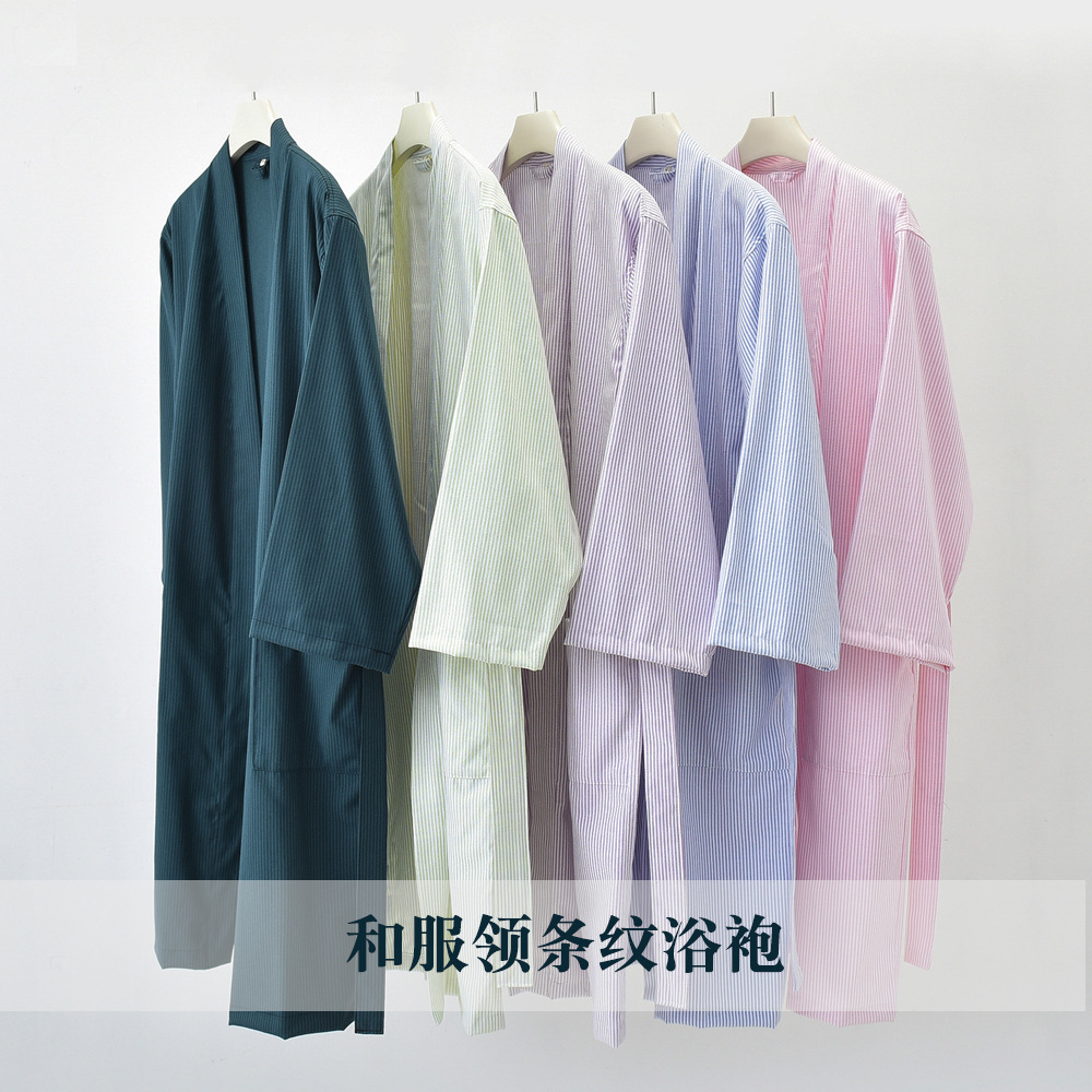 25 클래식 스트라이프 목욕 가운 느슨한 봄과 여름 목욕 가운 얇은 흡수 커플 포시즌 코튼 호텔 홈스테이