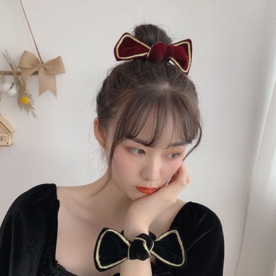 2pcs Gold velvet bow hairpin head rope back head hair ring Japanese fairy hairpin headdress hair Rope girl