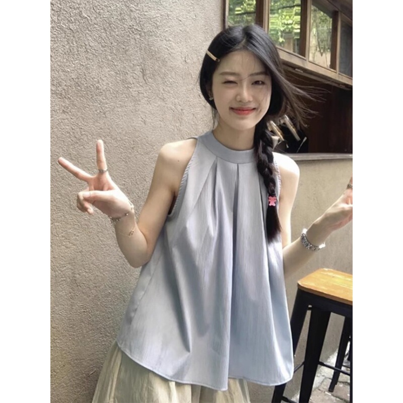 Korean Style Sleeveless Neck Shirt Women's Summer Pleated Loose Short Doll Shirt Chic Cool Style Beautiful Top