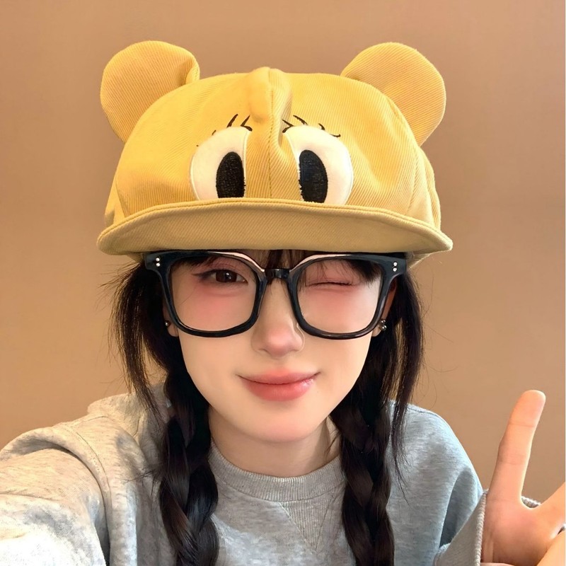 韩系卡通萌趣眼睛八角帽女春秋季可爱氛围感百搭翻沿鸭舌贝雷帽子|undefined