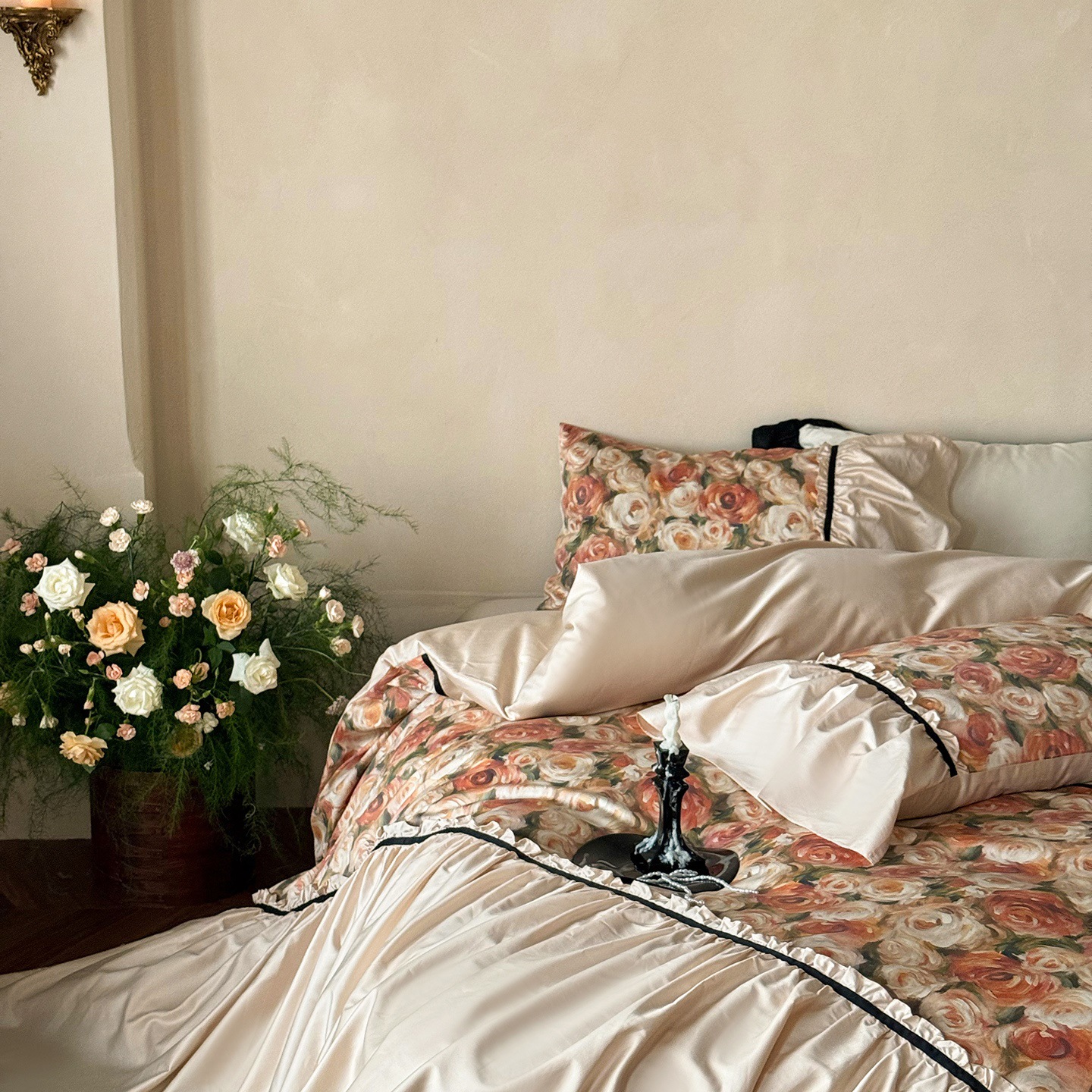 Jogo de cama de quatro peças em algodão de fibra longa, estilo boho francês nórdico vintage dos anos 50, com estampa digital em algodão de fio duplo._voghion.com