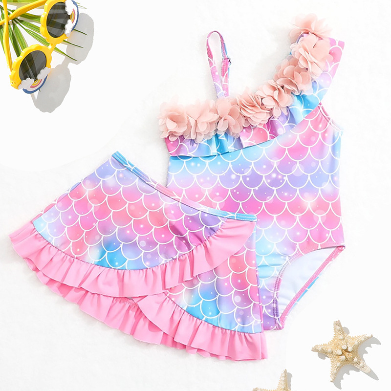 2026 New Model Girls' Swimsuit Two-Piece Mermaid Skirt Set for Older Children, Cross-Border Ruffle-Edged Foreign Trade Swimwear Wholesale