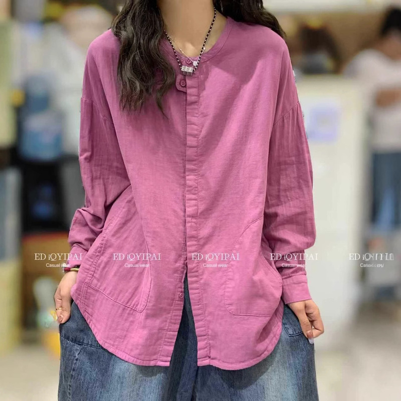 Ed7201 Double-Layer Cotton and Linen Round Neck Pure Color Loose and Versatile Long-Sleeved Shirt Spring & Fall New Literary and Simple Bottoming Shirt Ed7201 Double-Layer Cotton and Linen Round Neck Pure Color Loose and Versatile Long-Sleeved Shirt Spring & Fall New Literary and Simple Bottoming Shirt
