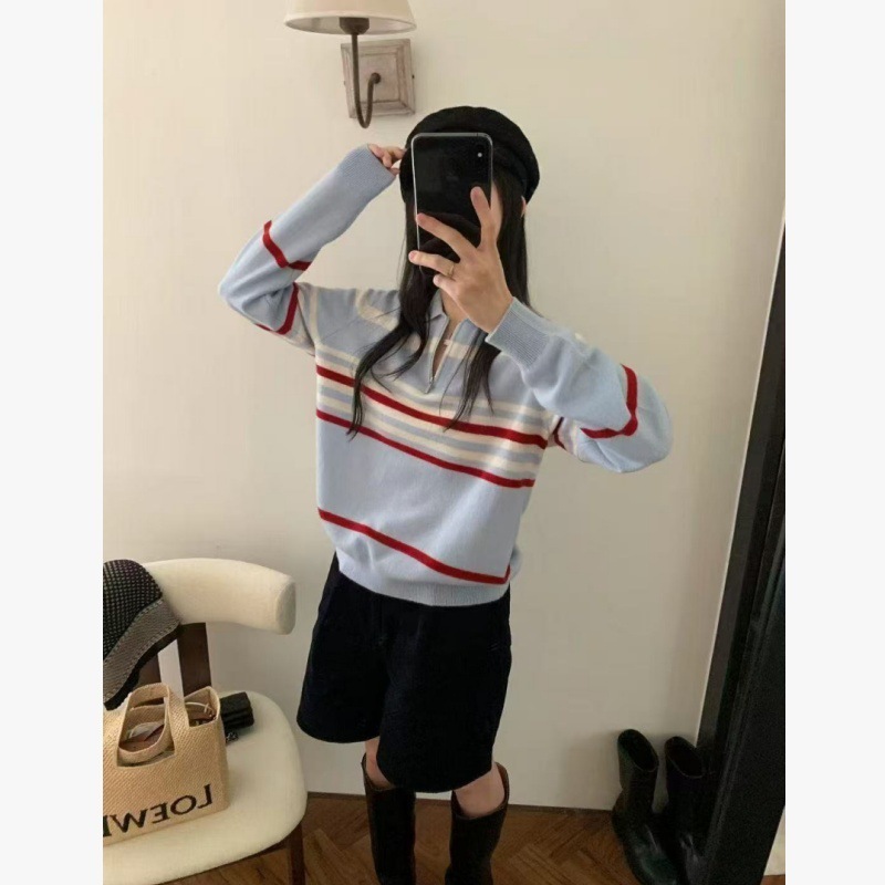 2025新款韩系POUCH巨好看轻熟上衣蓝色条纹翻领拉链针织衫高品质|undefined