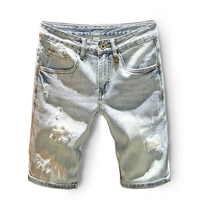 Men's Ripped Denim Shorts Light Blue Cropped Mid-Length New Summer Fashion_mkmklike.com