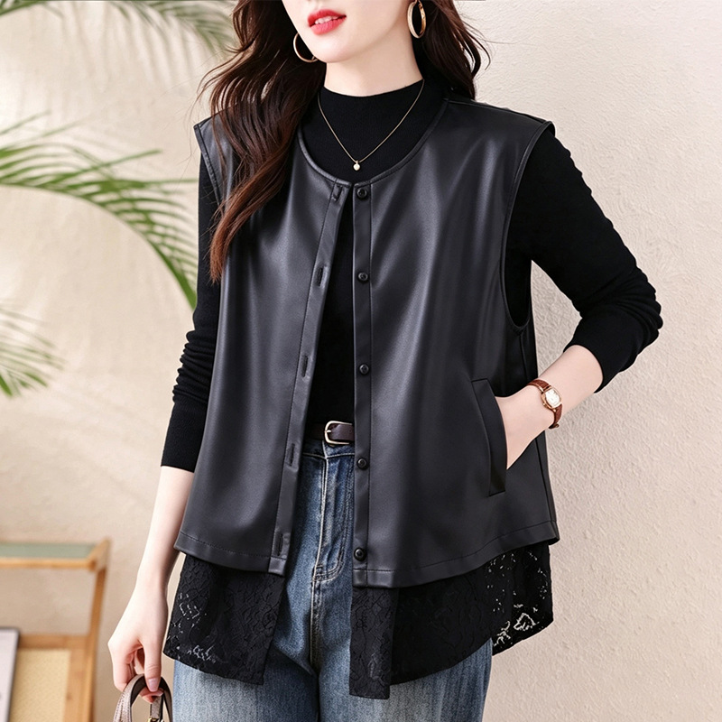 Fake Two-Piece Lace Patchwork PU Leather Vest for Women, 2026 Autumn New Style, Loose Fashionable Top for Plus-Size Girls