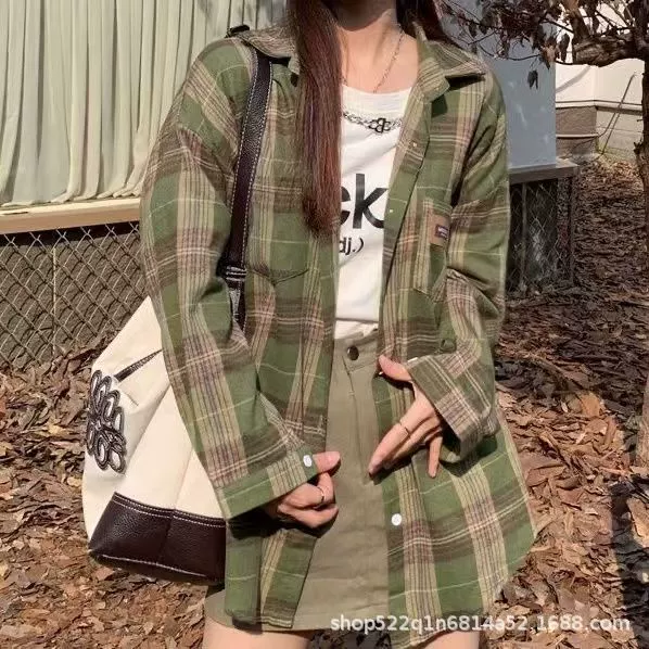 Трансграничный корейский ленивый ретро-академический стиль темно-зеленый клетчатый солнцезащитный рубашка дикая свободная рубашка с длинными рукавами оптом