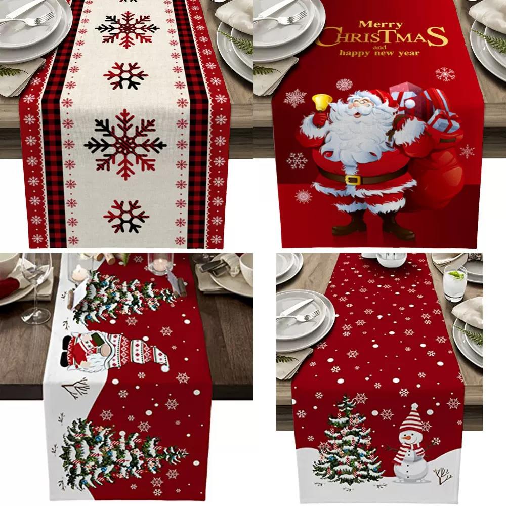 跨境新款圣诞节桌旗亚麻创意印花雪人老人桌垫气氛圣诞餐桌装饰品