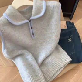 慵懒学院风蓝色条纹翻领针织马甲背心女秋冬叠穿无袖毛衣坎肩上衣