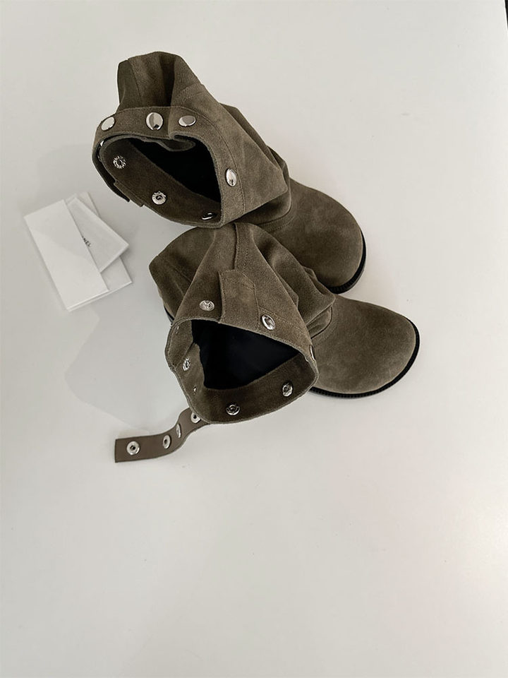 Bốt Martin nữ da lộn nhún nhăn ống rộng gót thô kiểu kỵ sĩ đi hai kiểu — Màu kaki, màu đen chi tiết 6
