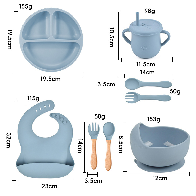 Conjunto de cubiertos de silicona de 8 piezas pequeños platos de succión copas de paja de silicona cuenco delantal cuchara horquilla plato de bebé al por mayor