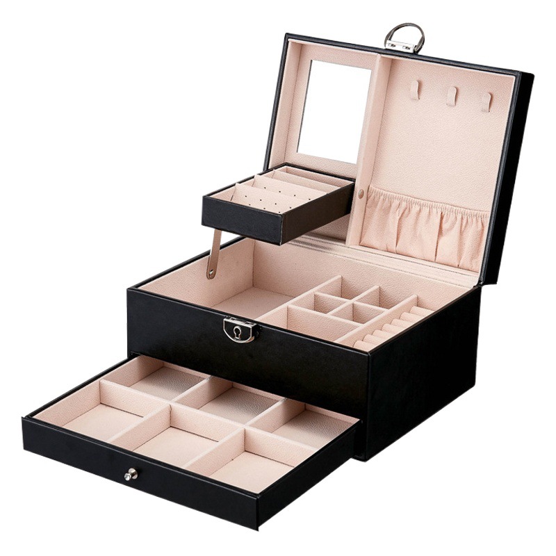 Caja de joyería de lujo ligera, caja de almacenamiento grande de PU, caja de joyería de alta gama con bordado, tipo cajón, para guardar pendientes y joyas.